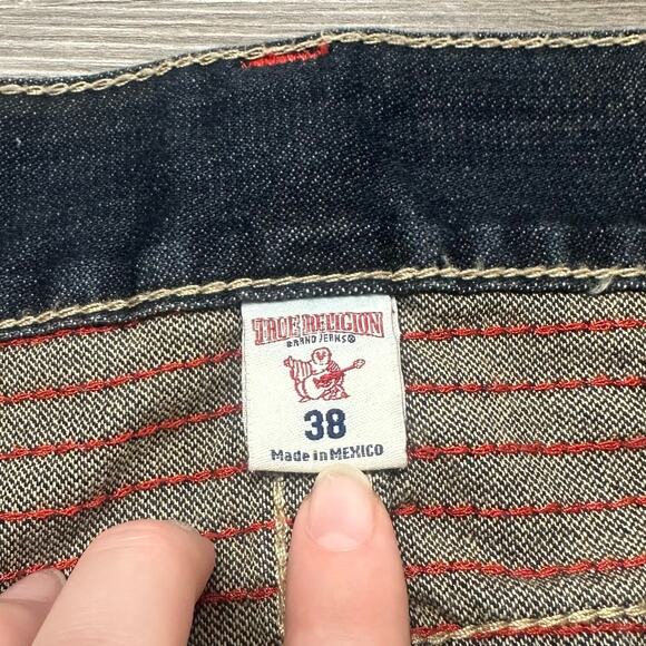 True Religion Dark Faded‎ Blue Mens 38 Distressed Straight Jeans Cybergrunge Y2K - Picture 4 of 12